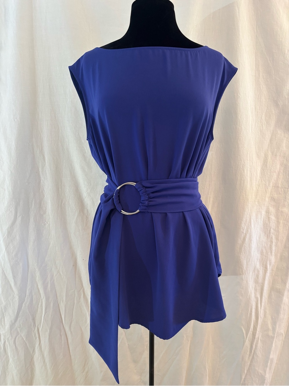 Dynamite Cobalt Blue Belted Tunic Blouse Open Back Cocktail Office Chic Sz S